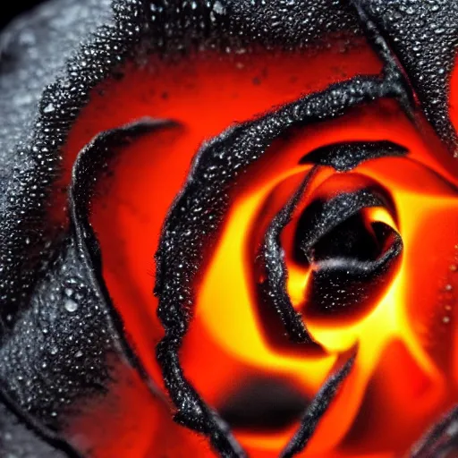 Image similar to award - winning macro of a beautiful black rose made of glowing molten magma