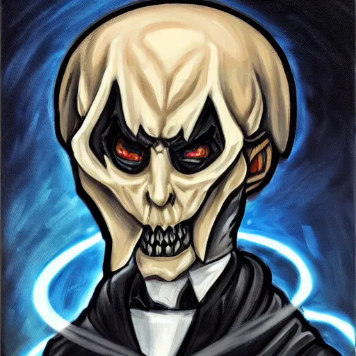 Image similar to Trending on artstation, Grim Reaper Vladimir Putin from Yu-Gi-Oh, in the style of Kazuki Takahashi, oil on canvas