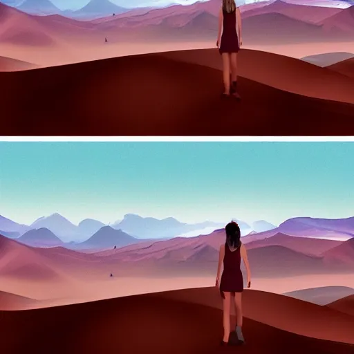 Image similar to a girl stood in the beautiful desert, pondering the mountains in the distance, peaceful pastel palette, matte painting