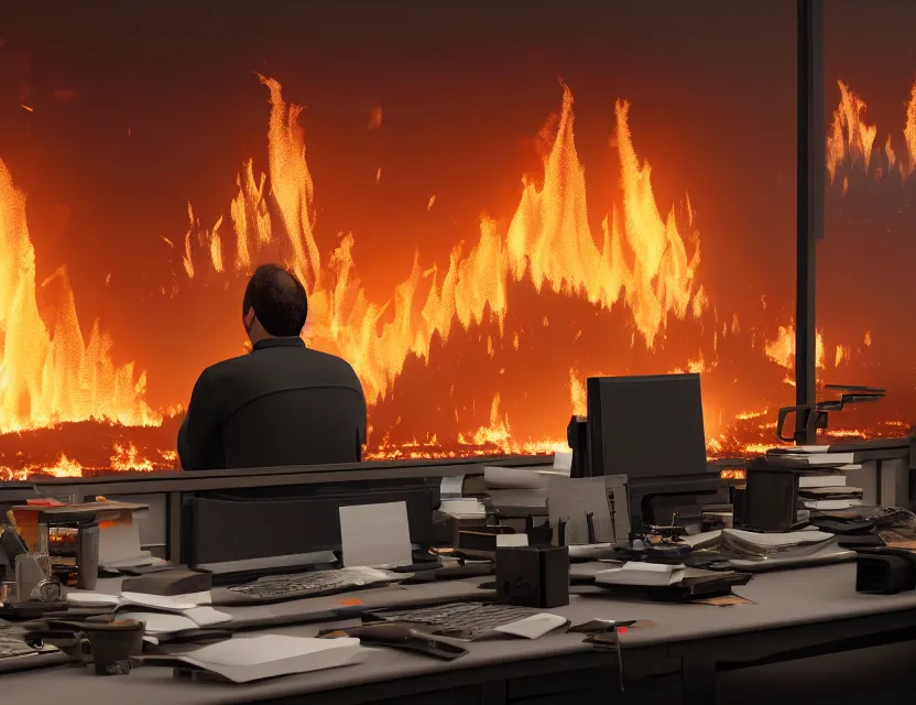 Image similar to a man sit at a workstation in a big office and looks at the burning fires, close up, featured in artstation, intricate, ultra detailed, unreal engine, concept art, wide - angle lens, sharp focus, illustration, 8 k