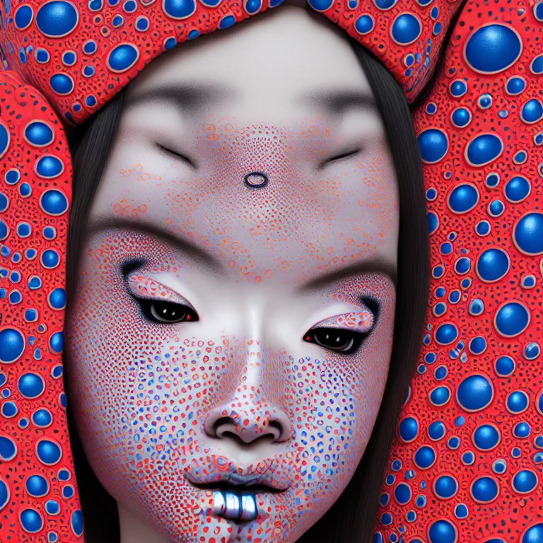 Image similar to hyperrealistic detailed image of a geisha in a art installation room, hd smooth interior by yayoi kusama, part by kei mieno, part by ross tran, dark art by james jean, ultra realistic, highly detailed, life like face, detailed body, 8 k, 3 d render by roger magrini, very cohesive, masterpiece