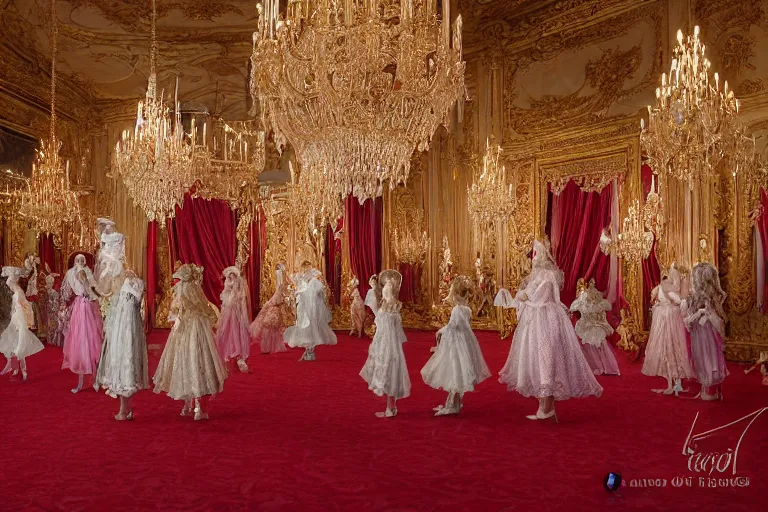 Image similar to in the versailles hall of mirrors, queen marie - antoinette dances in the foreground with her ladies - in - waiting at a venician masked ball. all high ladies are dressed in opulent robes embroidered with glittering sequins. the hall of mirrors features ornate crystal chandeliers with glowing candles and golden ornaments. photorealism red velvet curtains on the windows with night lights outside