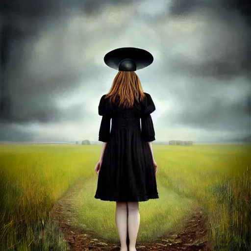 Image similar to a girl standing in a field, wearing black old dress and hat, by andrea kowch, andrea kowch style painting, dark, scene, magicrealism, flowers in background,