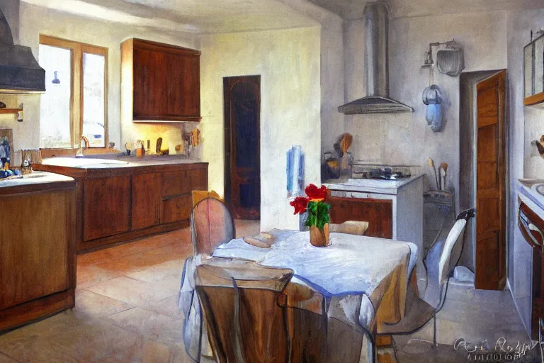 Image similar to Photography of modern Provence style kitchen, cat on the table, photorealism,