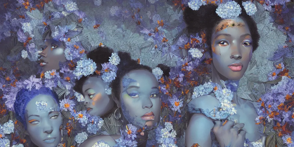 Image similar to breathtaking detailed concept art painting art deco pattern of afroamerican faces goddesses amalmation light - blue flowers with anxious piercing eyes and blend of flowers and birds, by hsiao - ron cheng and john james audubon, bizarre compositions, exquisite detail, extremely moody lighting, 8 k