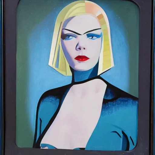 Prompt: Art Deco painting of a cybernetic Elle Fanning