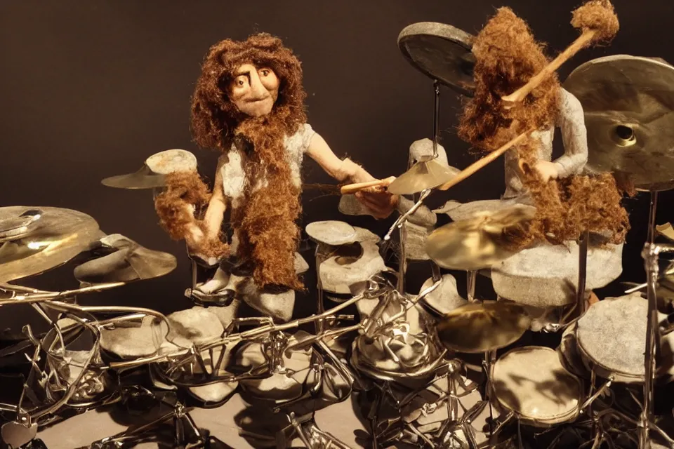 Image similar to a claymation film still of a curly long hair drummer playing the drum set. claymation by bruce bickford