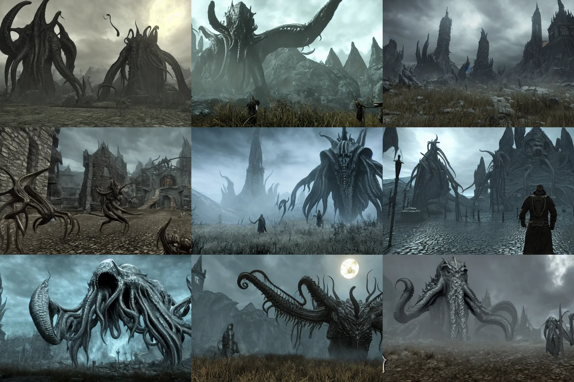 Prompt: still image of eldritch horror cthulhu as whiterun guards in skyrim, unreal engine