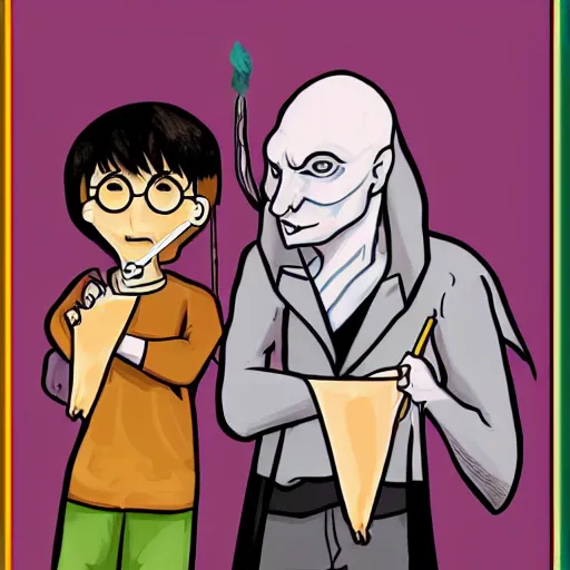 Image similar to harry potter with voldemort, pride flag in background, full picture, art by normal rockwell