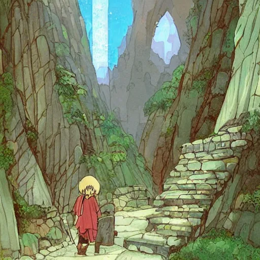 Prompt: beautiful painting of Entrance to a dungeon at the base of an ancient mountain in the morning light, in the style of Studio Ghibli, by Hayao Miyazaki