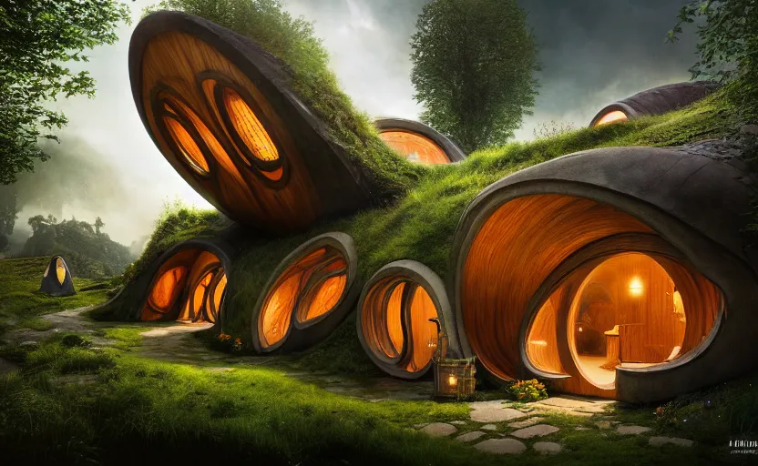 Image similar to exterior shot of hobbit houses at bag end shire in utopian architecture transparent building with cinematic lighting by zaha hadid and renzo piano, darek zabrocki and greg ruthkowski, alphonse mucha, simon stalenhag, cinematic, stars, beautiful, holy place, paradise, scifi, futurism, atmospheric, concept art, artstation