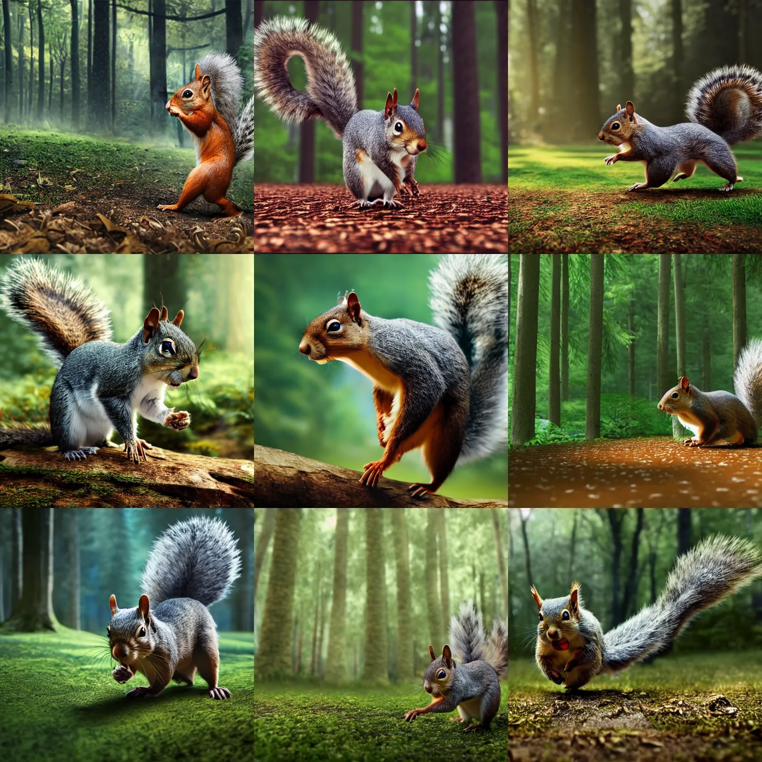 Prompt: a squirrel-cat running through a forest full of tall trees. Highly detailed, octane render, art station, 4k, high quality