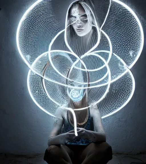 Prompt: lightpainting luminescent portrait, diffuse luminescent lightpainting, intricate wiccan luminescent lightpainting, elegant light, highly detailed zen neon, lifelike, photorealistic, artstation, luminescent concept art, smooth, sharp luminescent focus, luminescent art by john collier, artem demura, michael bosanko