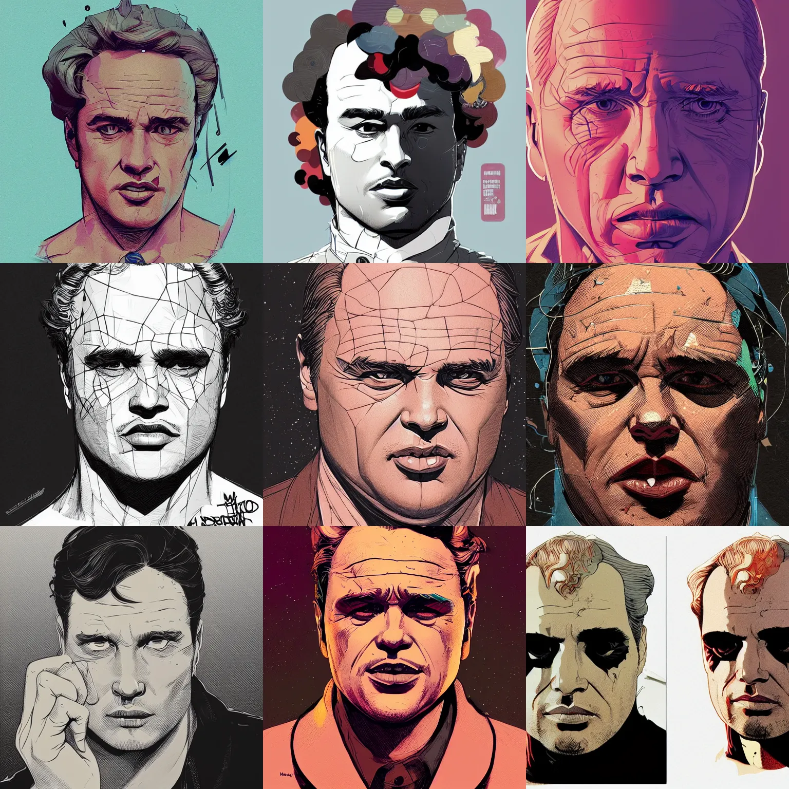 Prompt: a study of cell shaded portrait of marlon brando concept art, llustration, post grunge, concept art by josan gonzales and wlop, by james jean, Victo ngai, David Rubín, Mike Mignola, Laurie Greasley, highly detailed, sharp focus, Trending on Artstation, HQ, deviantart, art by artgem