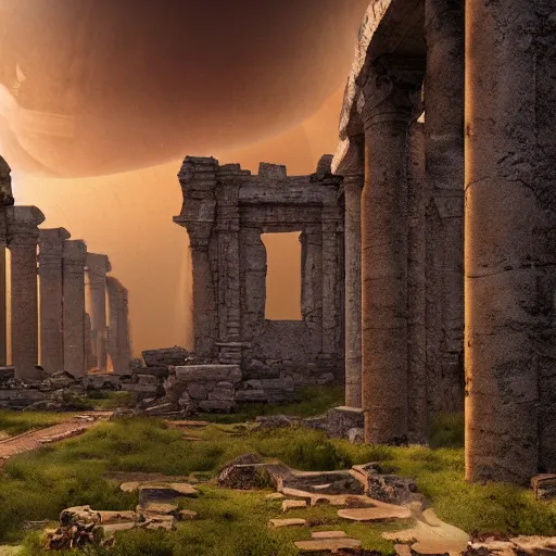 Image similar to A concept matte Painting of ancient aliens ruins, detailed, photorealistic, cinematic lighting, moody atmosphere,