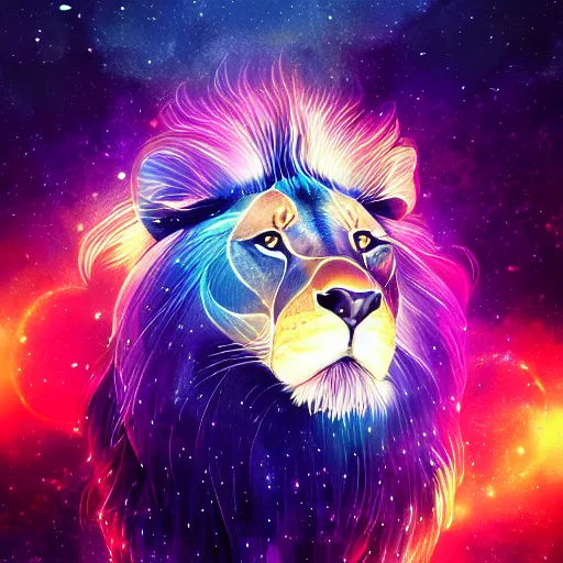 Image similar to geometric lion with galaxy eyes in space, nebula in the background, intricate, elegant, highly detailed, digital painting, artstation, concept art, smooth, sharp focus, illustration, art by artgerm