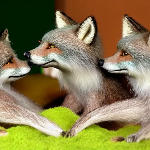 Image similar to A fanatsy world photo of a smiling green fox giving birth to three youngsters, 4k