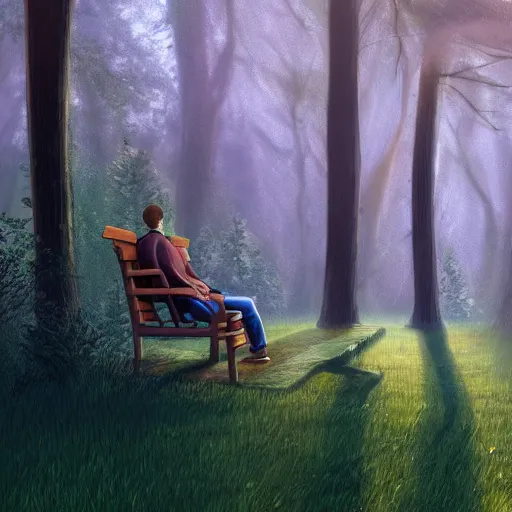 Image similar to a prince sits on a bench in a forest in front of a pond in the center, green color scheme, morning, mist, sun rays, artstation,