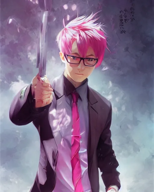 Prompt: Saiki K, Kusuo Saiki, pink hair male protagonist, manga artwork, detailed artwork, by Ruan Jia and Gil Elvgren, fullbody