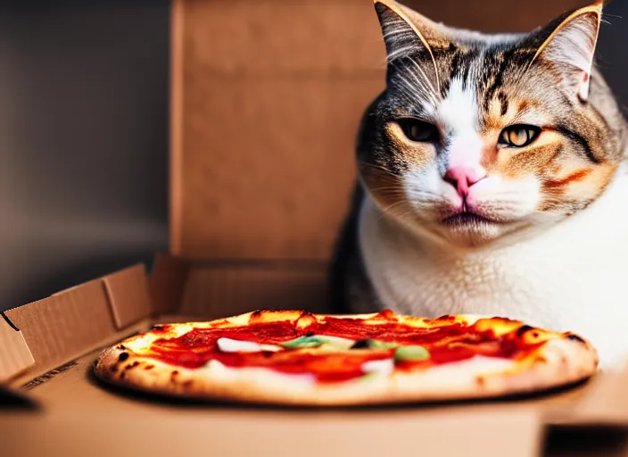 Prompt: photo of a very fat cat chewing pizza inside a cardboard box. nikon d 8 5 0 5 5 mm. dof. cinematic postprocessing.