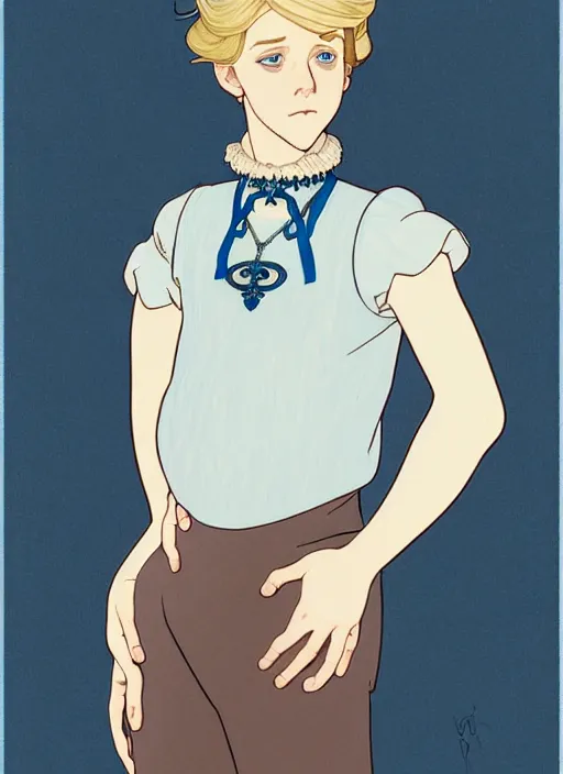 Image similar to art nouveau portrait of a pretty young man with short blond hair, light blue eyes, sad expression, scared, head down, shy and demure, wearing a choker collar, natural lighting, path traced, highly detailed, high quality, cartoon, digital painting, by don bluth and ross tran and studio ghibli and alphonse mucha