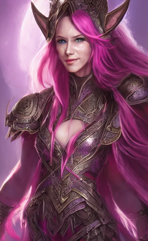 Image similar to a full body portrait of an elven woman with pink skin, and armor fit for a queen, wearing purple headphones, and smiling, dynamic lighting, photorealistic fantasy concept art, trending on art station, stunning visuals, creative, cinematic, ultra detailed