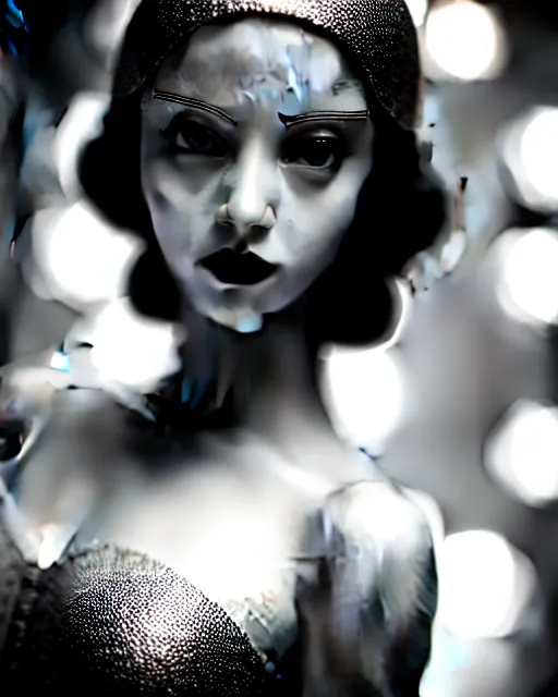 Image similar to black and white dreamy young beautiful female artificial intelligence, metropolis, cinematic, rim light, bokeh, photo - realistic, elegant, high detail, 8 k, masterpiece, photo taken in 1 9 3 0