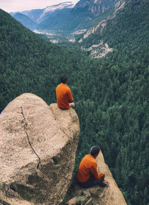 Prompt: an indigenous man sitting at the top of a cliff, looking down at the valley, doing a vision quest