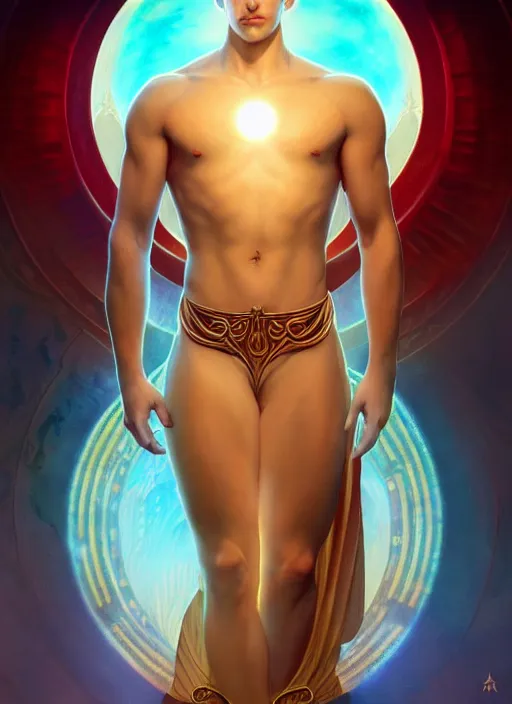 Image similar to the pale blond sun god apollo smirking, full body shot, sci fi, glowing eyes, volumetric lights, red and cyan theme, art nouveau botanicals, intricate, highly detailed, digital painting, artstation, concept art, smooth, sharp focus, cinematic, illustration, beautiful face, art by artgerm and greg rutkowski and alphonse mucha