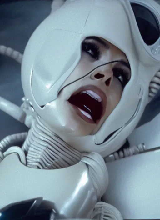 Image similar to film still of kim kardashian in the movie Alien, facehugger mounted on face, unconscious, cinematic shot, 4k.