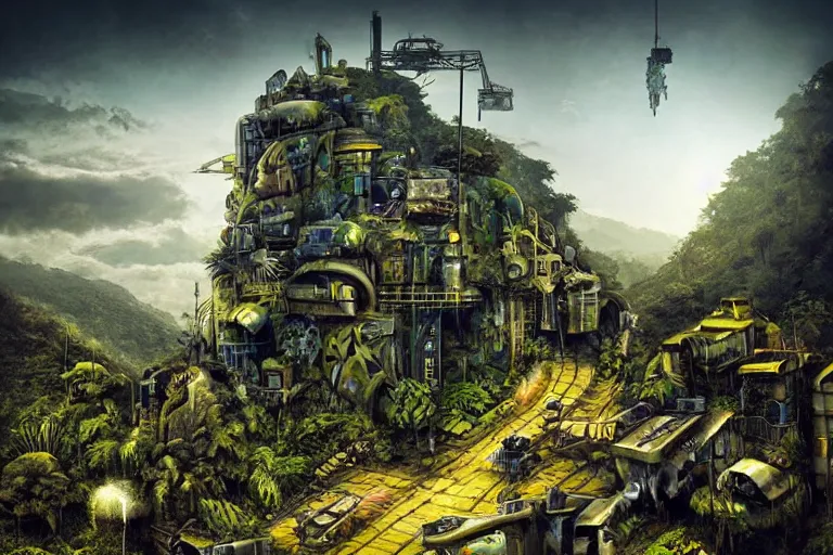 Image similar to sci - fi favela sculpture, wartime jungle environment, industrial factory, cliffs, sunny, milky way, award winning art, epic dreamlike fantasy landscape, ultra realistic,