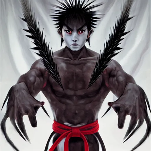 Image similar to mazoku martial artist, handsome japanese demon boy, young adult yokai with long spiky black hair, vampiric skin, vantablack gi, red eyes, ultra realistic, intricate details, highly detailed, subsurface scattering, photorealistic, octane render, 8 k, art by artgerm, greg rutkowski, magali villeneuve, alphonse mucha