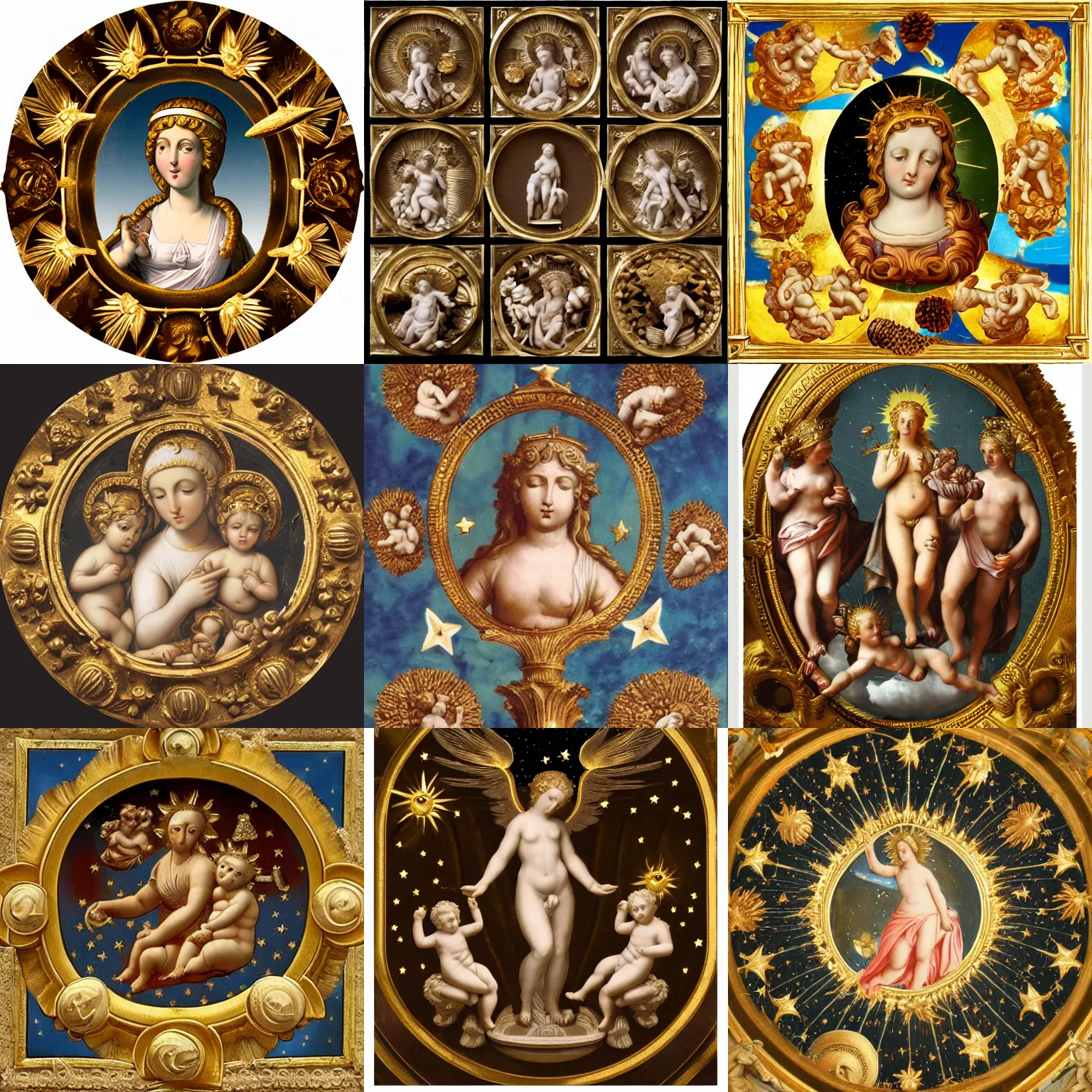 Image similar to Saint Woman, Putti, Venus, Athena, Sistina, baroque, marble and gold, stars, space, sun, pomegranade, pinecone, bronze