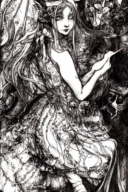 Image similar to Crying Alice in wonderland tarot card , pen and ink, intricate line drawings, by Yoshitaka Amano, Ruan Jia, Kentaro Miura, Artgerm, watercolor