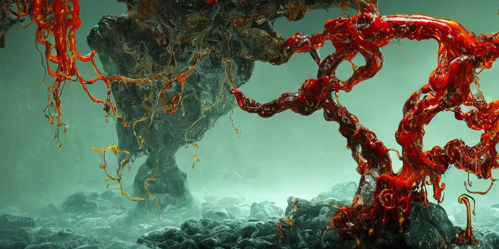 Image similar to Photorealistic picture of a glossy wet levitating floating fungus spirit with arms outstretched, made from colorful wet fungus tendrils. a gentle rising mist, an epic rocky landscape. occult photorealism, UHD, amazing depth, glowing, golden ratio, 3D octane cycle unreal engine 5, volumetric lighting, cinematic lighting, cgstation artstation concept art