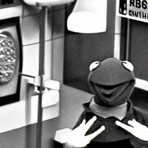 Image similar to kermit the frog wearing a mask and robbing a bank, security camera footage