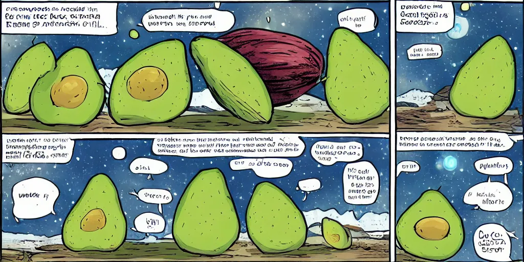 Image similar to a 3 panel comic strip about avocadoes in space, style of bill watterson