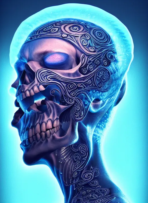 Image similar to 3 d shaman with tattoos profile portrait, sigma 5 0 0 mm f / 5. beautiful intricate highly detailed skull. bioluminescent, plasma, frost, water, wind, creature, gradient background, thunderstorm! artwork by tooth wu and wlop and beeple and greg rutkowski, 8 k trending on artstation,