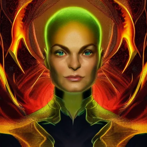 Image similar to full body portrait of jean grey, symmetry, hyperdetailed perfect face, green eyes, comic, phoenix rising, burning flames, intricate, detailed, volumetric lighting, scenery, digital painting, highly detailed, artstation, sharp focus, illustration, concept art, ruan jia, steve mccurry