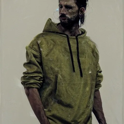Image similar to a full body lookbook portrait of modern - day jesus wearing olive green yeezy menswear collection by nicola samori, hat and hoodie, detailed, oil painting, hyper realistic, 8 k, yeezy collection