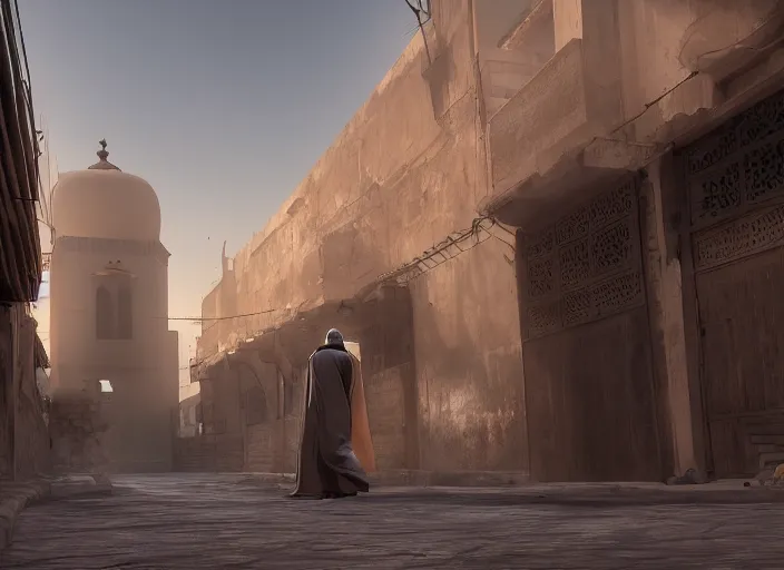 Image similar to old jeddah city alley, roshan, old shops, horse, magical gateway to another dimension, a man wearing a white robe standing watching over, sci - fi, dramatic lighting, dawn, by caspar david friedrich, unreal engine 5