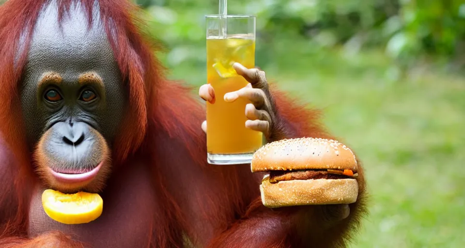 Prompt: an orangutan holding a burger in one hand and a drink in the other