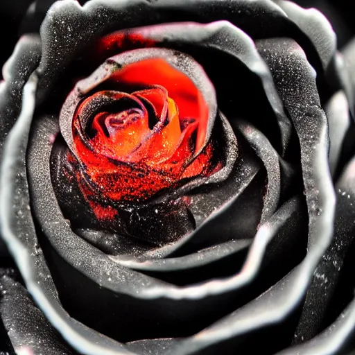 Image similar to award - winning macro of a beautiful black rose made of glowing molten magma