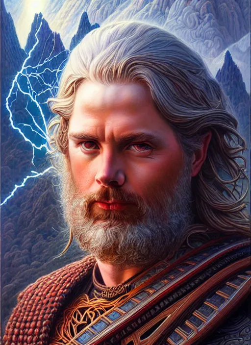 Image similar to portrait of god of thunder, hyper detailed masterpiece, mountain background, jean giraud, digital art painting, epic aesthetic, norse, artgerm, donato giancola and tom bagshaw