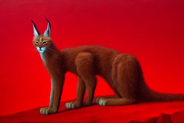 Image similar to only with red, a red cute fluffy caracal, ancient greek city, in the style of beksinski, parts by edward hopper, parts by rodcenko, parts by yue minjun, intricate and epic composition, red by caravaggio, insanely quality, highly detailed, masterpiece, red light, artstation, 4 k