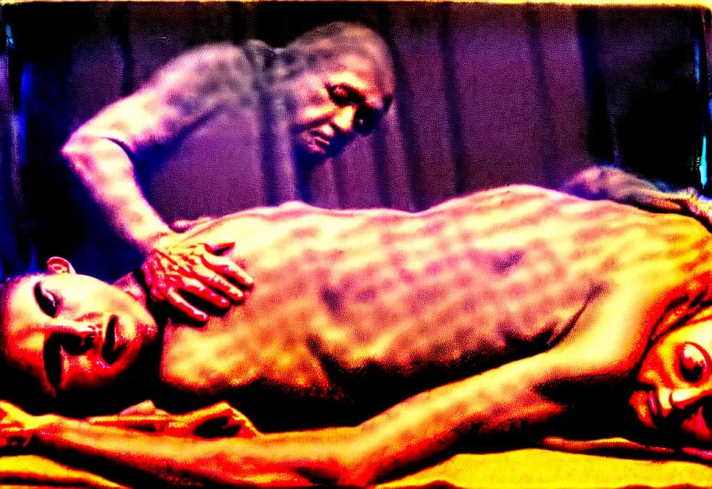 Image similar to old man's spirit leaving the body, home album color photo, 1 9 7 7