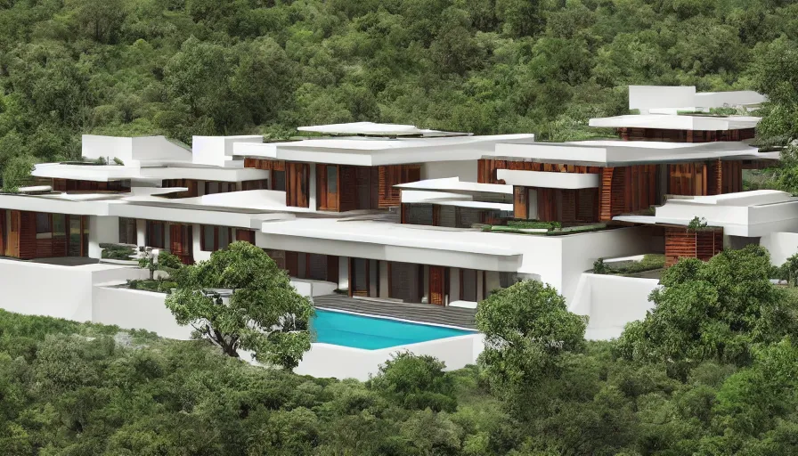 Image similar to residential villa inspired by tibetan architecture, on city, overlooking a valley with trees, frank lloyd wright, zaha hadid, le corbeusier, photorealistic, birds eye view