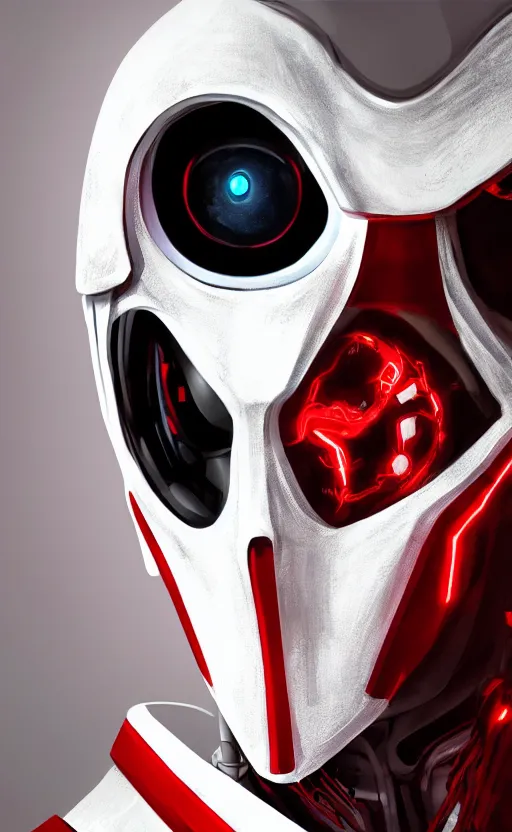 Image similar to face portrait of a robot in an all white hood and robe, with red glowing eyes, dynamic lighting, fantasy concept art, trending on art station, stunning visuals, creative, cinematic, ultra detailed