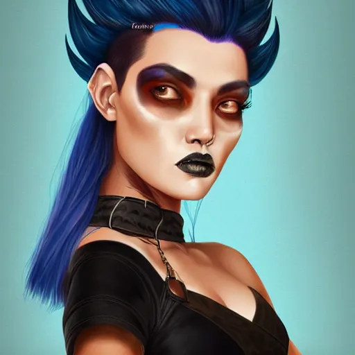 Image similar to illustrated realistic portrait of ram-horned devil woman with blue bob hairstyle and her tan colored skin and with solid black eyes wearing leather by rossdraws