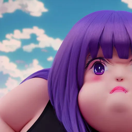 Image similar to morbidly obsese anime girl, anime girl with purple hair, kawaii girl, absurdly fat girl, 1, 2 0 0 pound girl, octane render, 2 0 1 9 anime